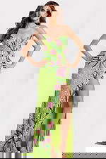 Fitted Floral Beaded Gown With Slit