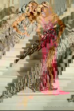 Glamorous evening gown with geometric bead design and slit