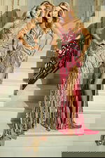 Glamorous evening gown with geometric bead design and slit