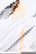 Satin prom dress with embellished bodice and slit