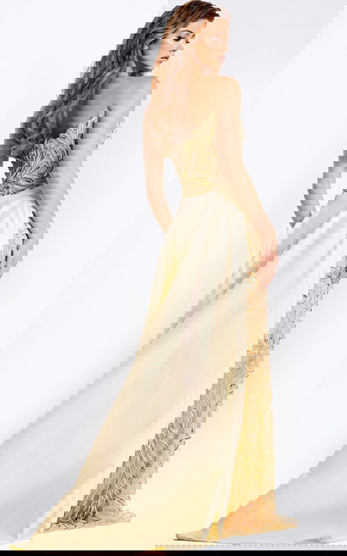 Elegant gold formal gown with high slit