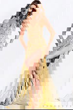 Strapless gold beaded prom dress with overskirt