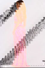 Asymmetric pink sequin gown featuring high slit and open back