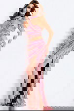 Fitted pink prom dress with sparkling bead stripes