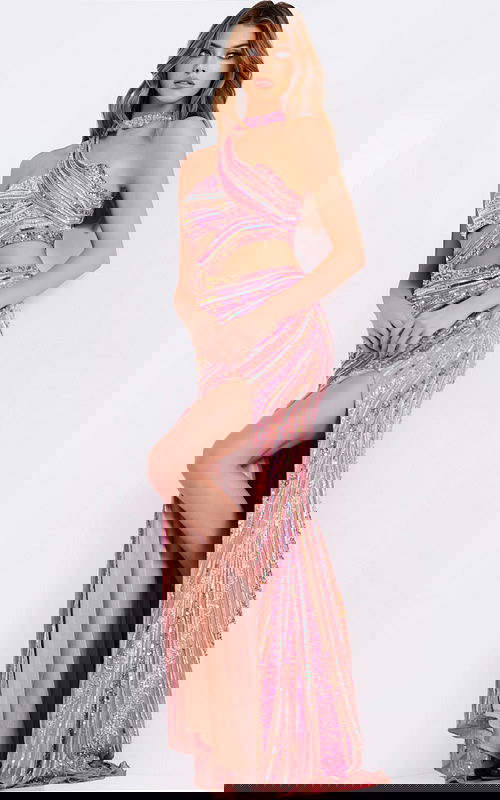 Pink one shoulder sequin prom dress with side slit