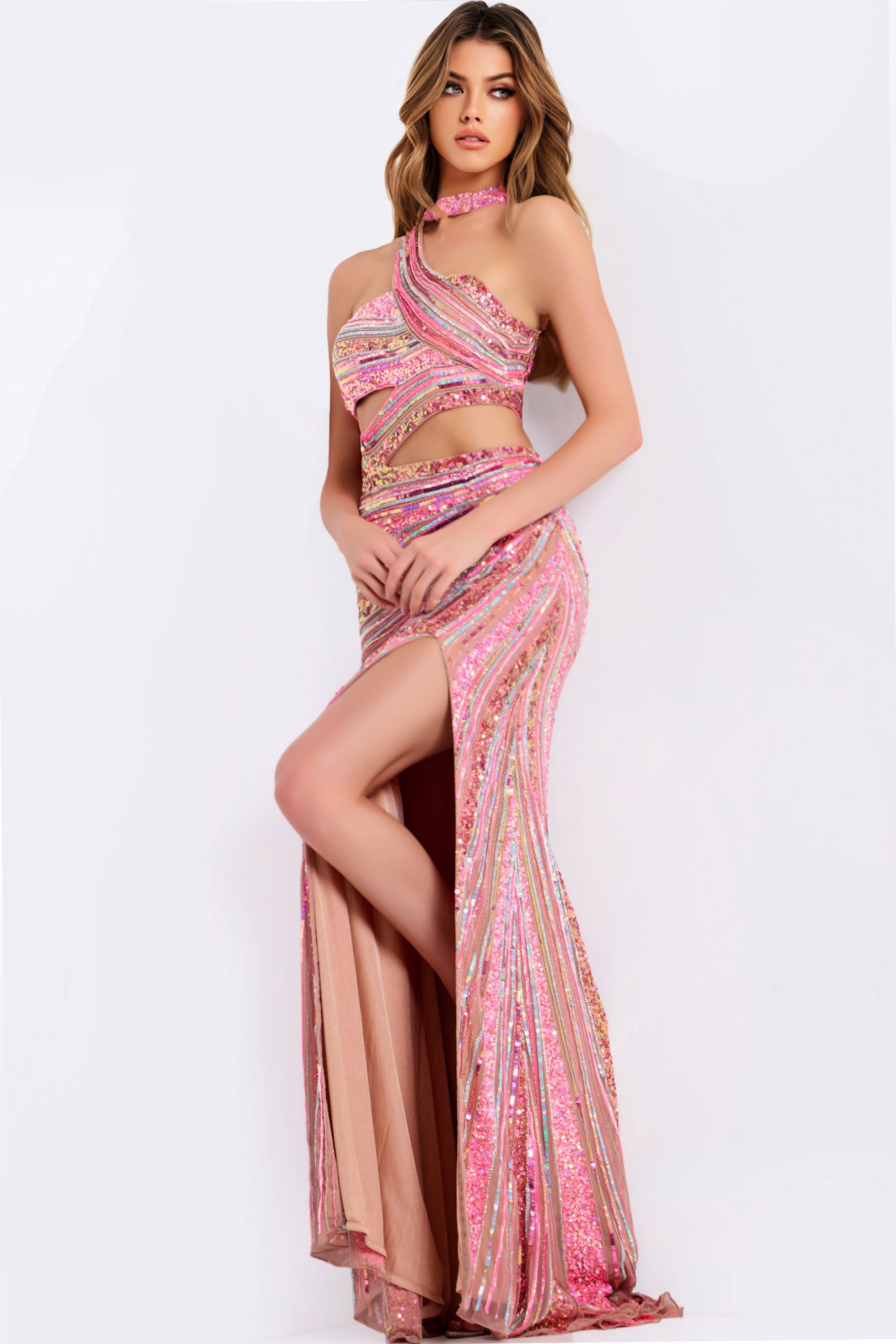 49266-6 Pink one shoulder sequin prom dress with side slit