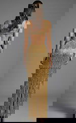 beaded gown with deep V neckline and fringe detailing