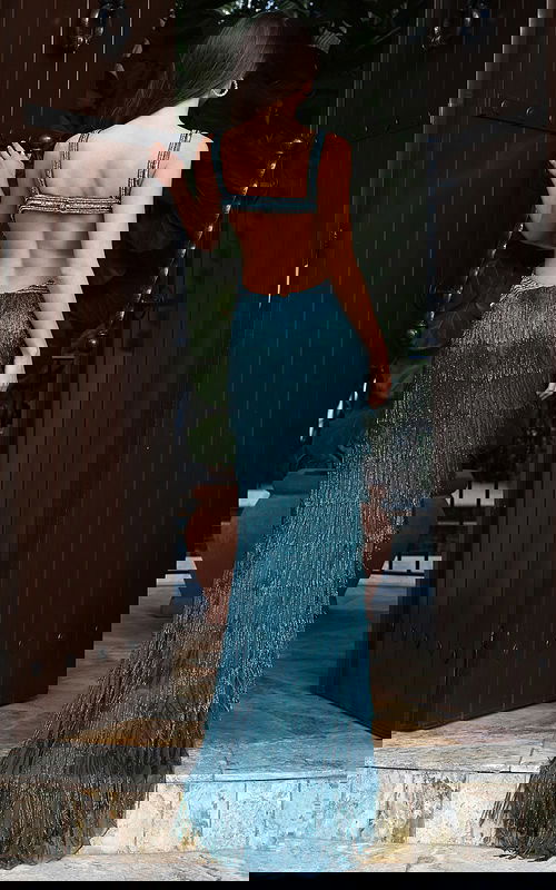 Teal beaded fringe two piece gown back view