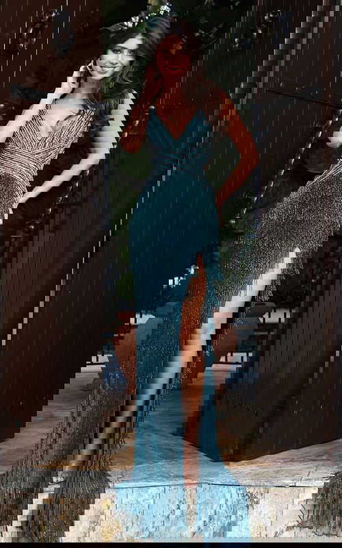 Teal beaded fringe gown with high slit