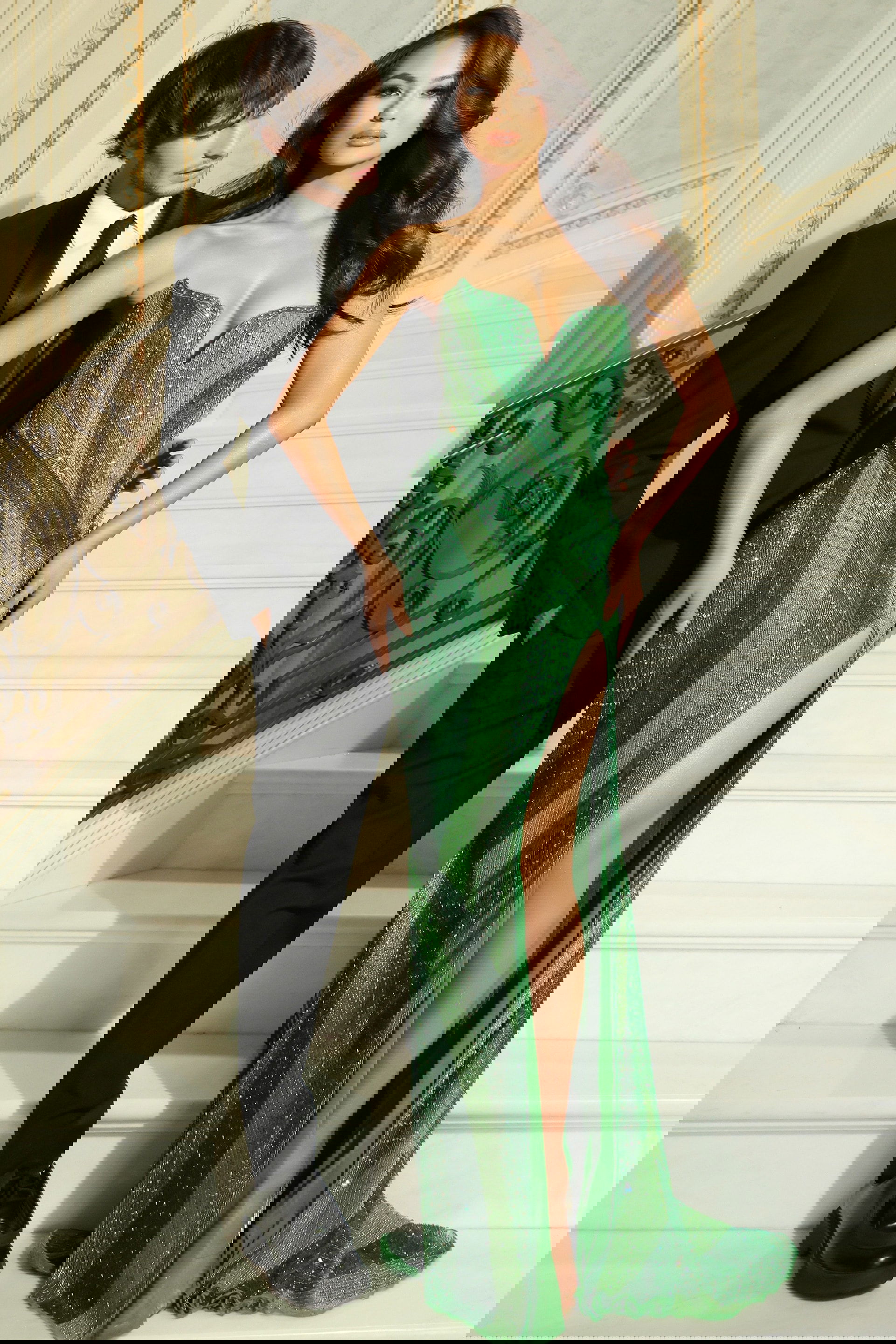 49284_2 Front view of green embellished evening gown with fitted silhouette