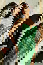 Close-up of sweetheart neckline and detailed bead pattern