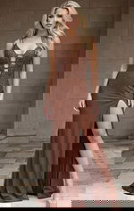 Front view of a beaded column gown with plunging neckline and high slit