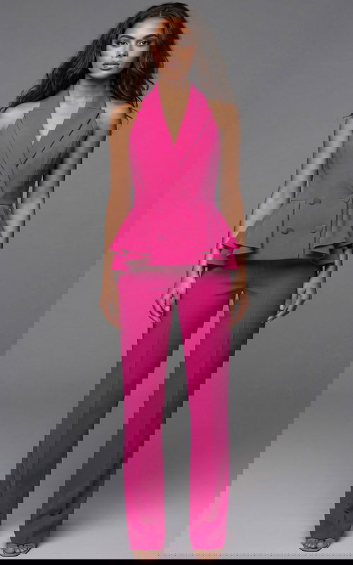 Halter vest style top with peplum detail and tailored pants front view