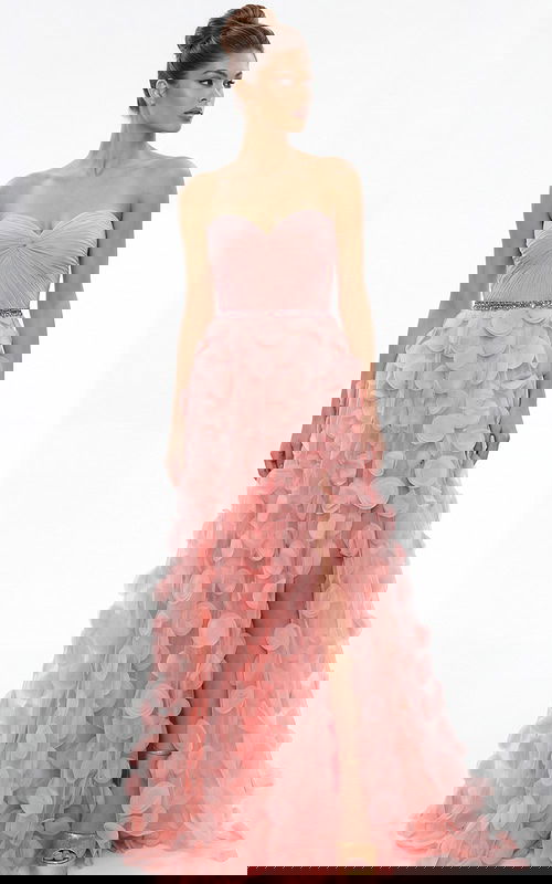 Front view of strapless gown with sweetheart neckline, gathered bodice, and textured appliqué skirt with front slit