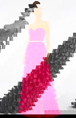 Straight on view of strapless evening gown with fitted bodice, embellished waistband, and layered appliqué tulle skirt