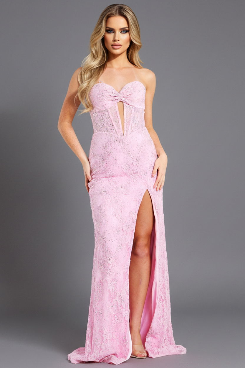 49352-1-pink Strapless Lace Corset Gown with Slit 49352 - Image 1
