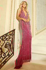 Elegant duo wearing sequined gold and pink gowns with deep V-necklines