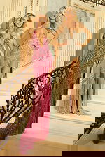 Fashion models showcasing glittering halter gowns with luxe embellishments