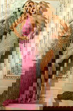 Beaded halter gowns with shimmering vertical lines and open backs