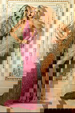 Gold and fuchsia sequin gowns with intricate beading and floor-length skirts