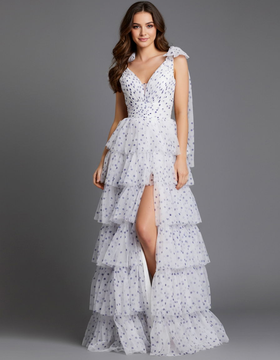 Tiered Ruffle Polka Dot Gown with Shoulder Bows 49358 | Jovani