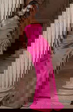 Strapless satin gown with draped bodice and fitted waist