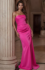 Strapless satin gown with draped bodice and fitted waist