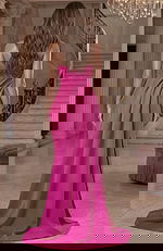 Back view of floor length satin gown with smooth flowing skirt