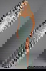 Front view of a strapless lace column gown with floral appliqué and high slit