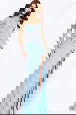 Light blue beaded corset prom dress with illusion bodice and high slit