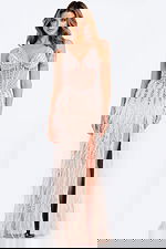 embellished v neckline dress designed with feathers 49377