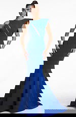 Front view of a fitted gown with asymmetric neckline and angular cutout detail