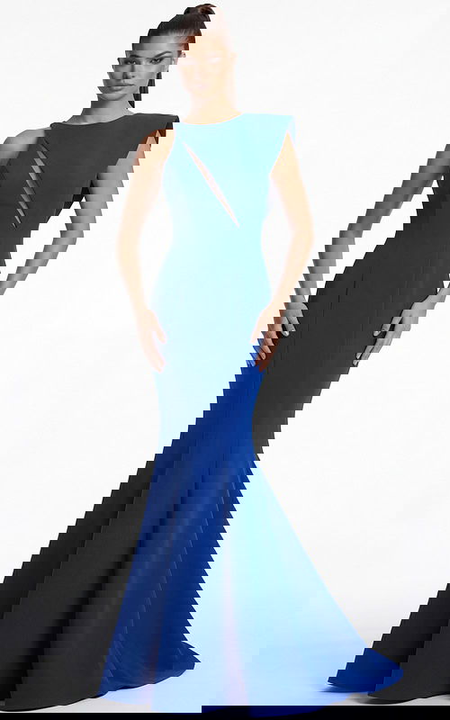 Front view of a fitted gown with asymmetric neckline and angular cutout detail