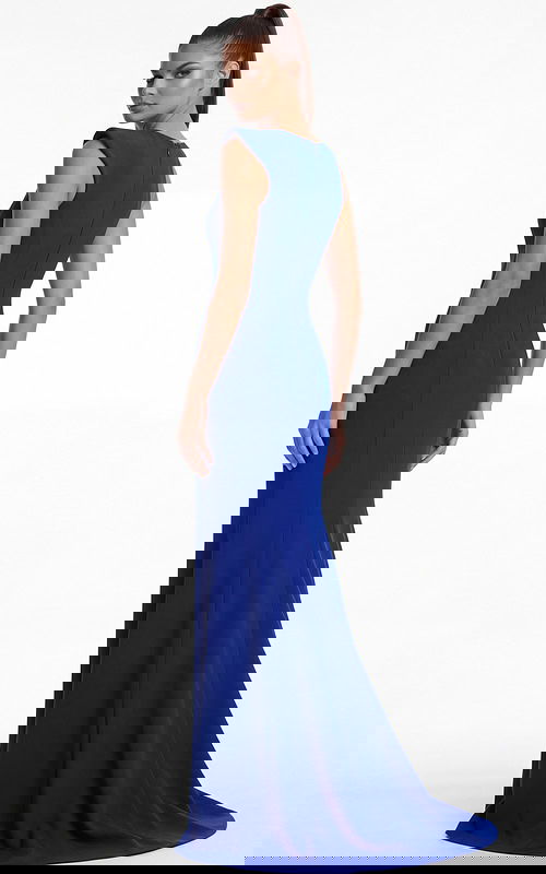 Back view of a fitted gown with clean lines and flowing floor length finish