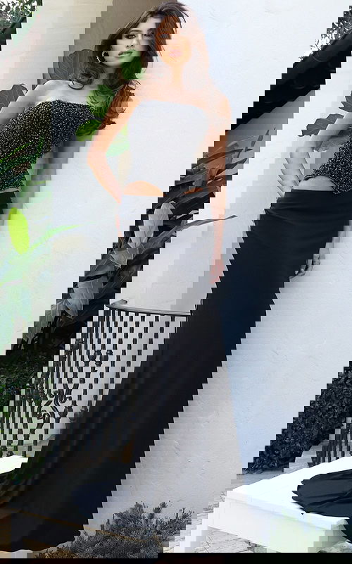 Jovani 49439 black one shoulder prom dress front view with crystal beaded corset bodice, midriff cutout, draped shoulder sash, and fitted jersey mermaid skirt