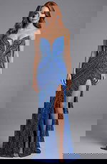 Strapless beaded fitted gown with sweetheart neckline and thigh high slit