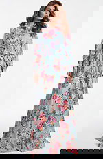 Long sleeve floral chiffon gown with button front and tied waist detail