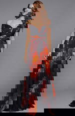 Off shoulder floral print chiffon gown with fitted bodice and flowing skirt