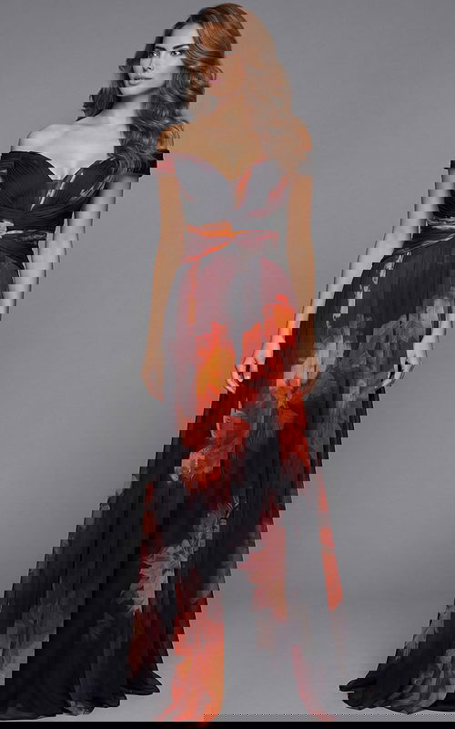 Off shoulder floral print chiffon gown with fitted bodice and flowing skirt