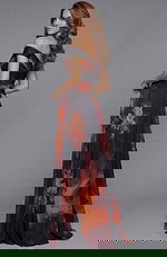 Back view of off shoulder floral chiffon gown with softly draped silhouette