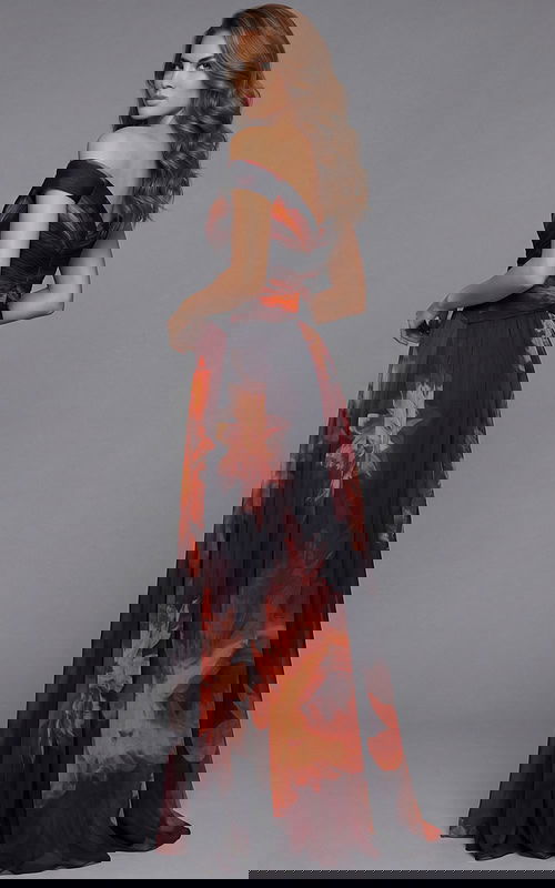 Back view of off shoulder floral chiffon gown with softly draped silhouette