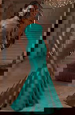 Strapless satin trumpet gown with draped bodice and fitted silhouette