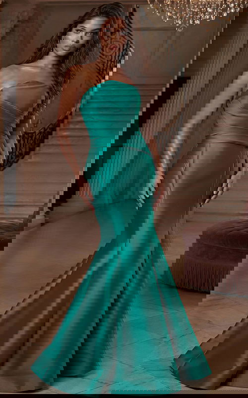 Strapless satin trumpet gown with draped bodice and fitted silhouette