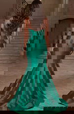 Floor length satin gown featuring smooth seams and flared trumpet hem