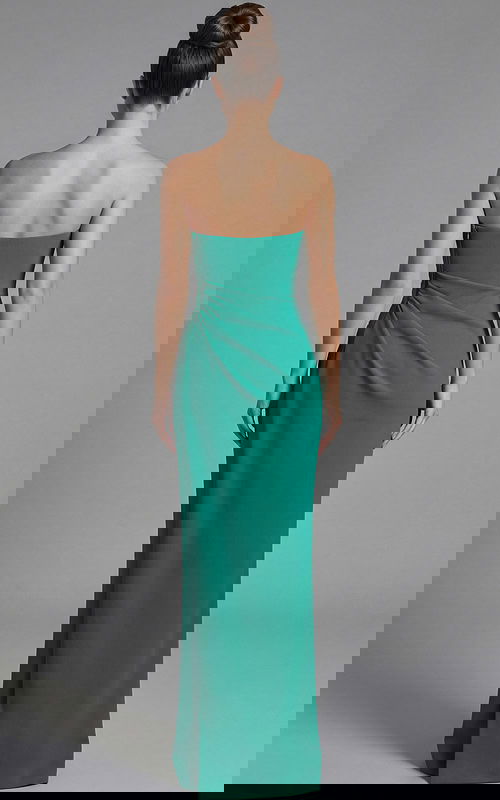 back of crepe green dress with ruched bodice 49505