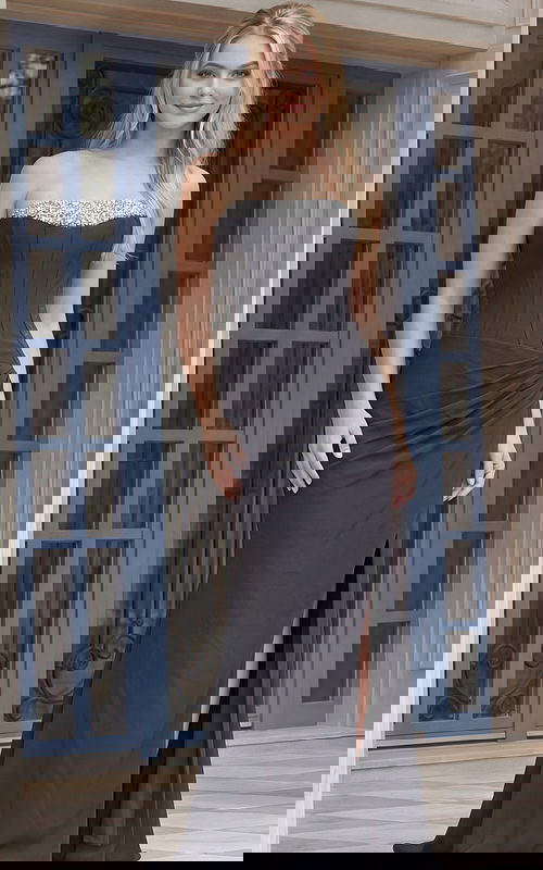 strapless fitted gown with crystal trimmed neckline and sleek shape