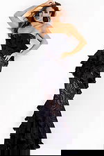 Strapless lace evening gown with ruffled layers