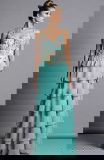 Tiered chiffon gown with floral appliqué bodice shown in an alternate color variation