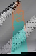 Tiered chiffon gown with floral appliqué bodice and flowing layered skirt shown from the front