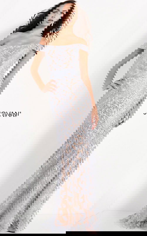 model wearing Jovani 49634 in light blue with off-the-shoulder neckline and floral lace overlay